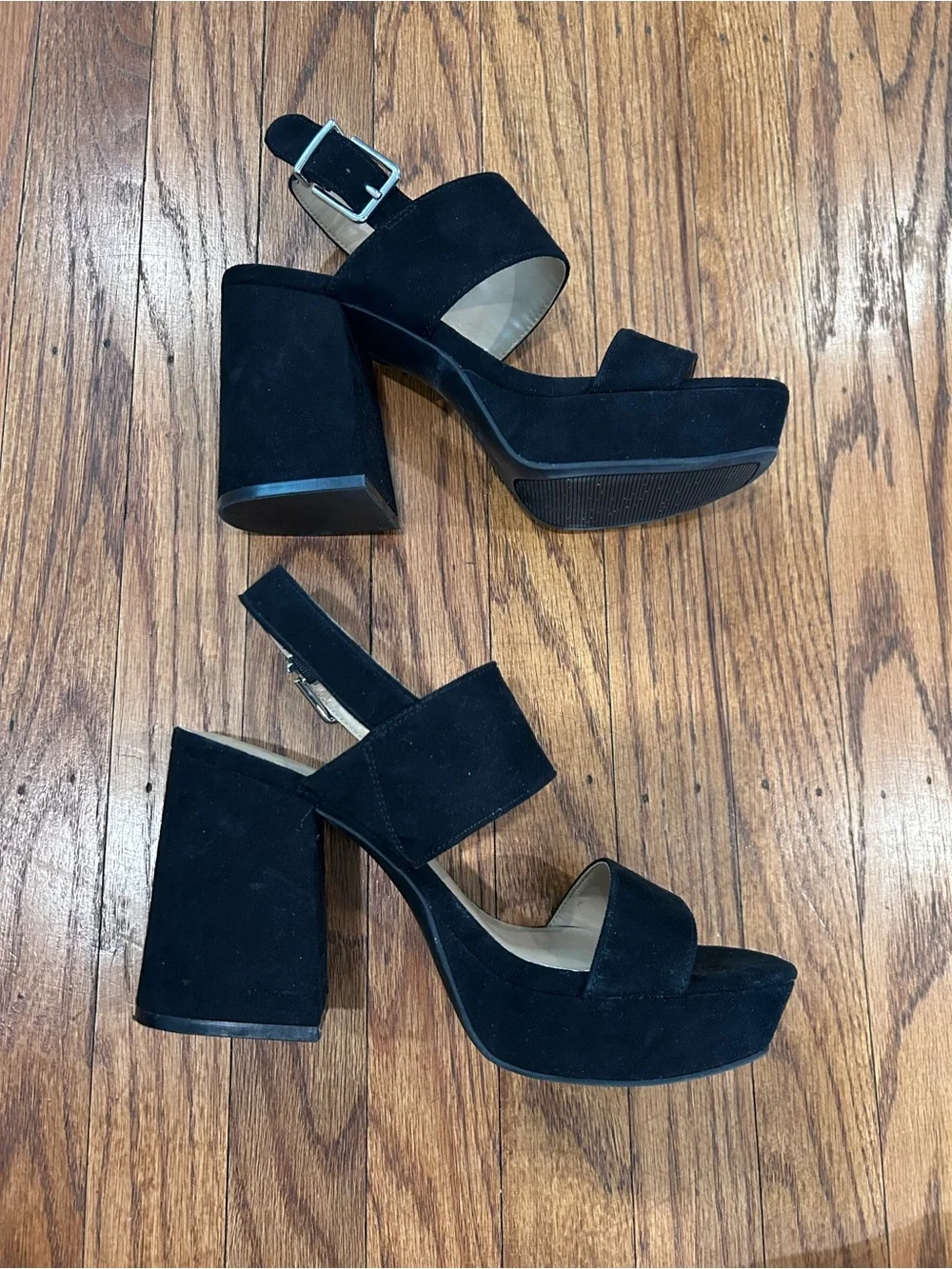 Black Suede Block Heel Sandals with Ankle Strap